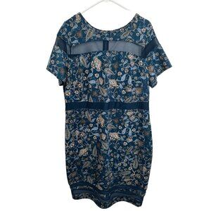 Boutique, blue floral midi dress with sheer detail, 1X